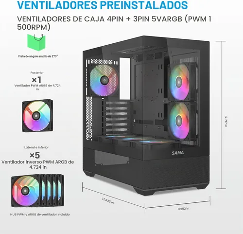 Vista 2 de SAMA V40 Mid Tower ATX Chasis – 6 × 120mm Ventiladores ARGB PWM Pre-Instalados, Paneles de Vidrio Templado Dual, Flujo de Aire Vertical, Diseño
