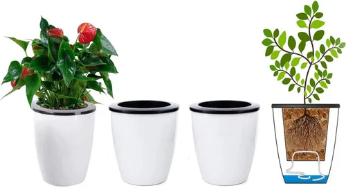 Vista 8 de Maceta de riego automático de 3.5 pulgadas, maceta pequeña de 3 piezas, para todas las plantas, hierbas, violetas africanas, suculentas, flores