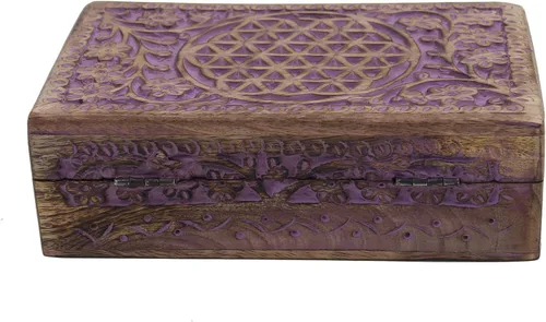 Vista 5 de DharmaObjects Caja de almacenamiento de madera tallada a mano con flores de la vida (morado, L)