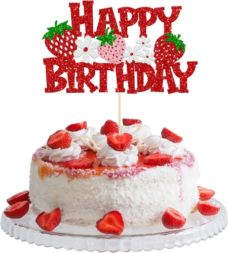 Vista 16 de Gyufise 1 pieza de fresa Sweet One Cake Topper Glitter First Birthday Strawberry Cake Pick para el tema de fruta dulce, baby shower, fiesta