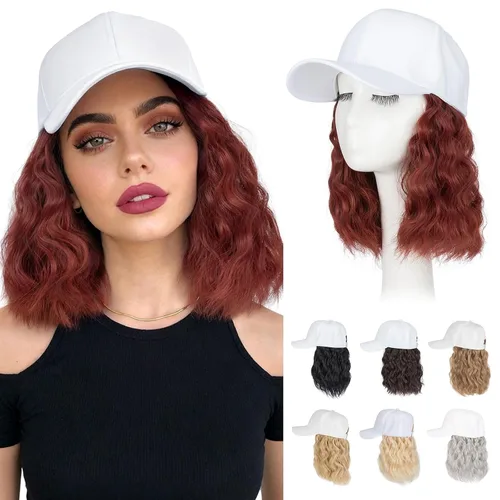 Vista 17 de Hairro Peluca de gorra de béisbol con cabello adjunto, corto estilo Bob ajustable, extensiones de cabello sintético para mujeres, balayage