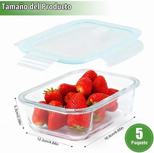 Vista 2 de Contenedores de almacenamiento de vidrio de 22 onzas con tapas, paquete de 5 recipientes de vidrio para preparación de comidas, contenedor