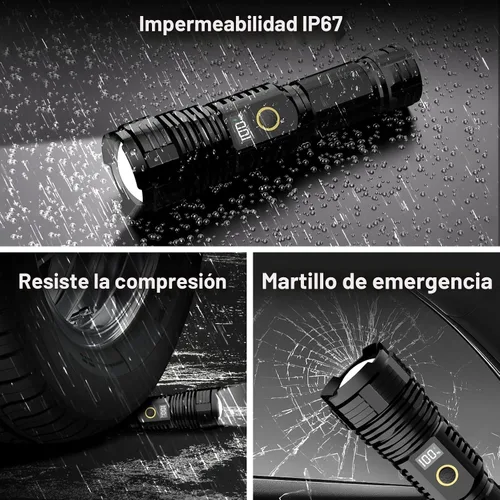 Vista 7 de Linternas recargables de alto lúmenes, 10000 lm LED súper brillante, linternas con zoom con pantalla digital LCD, 5 modos, impermeable, potente