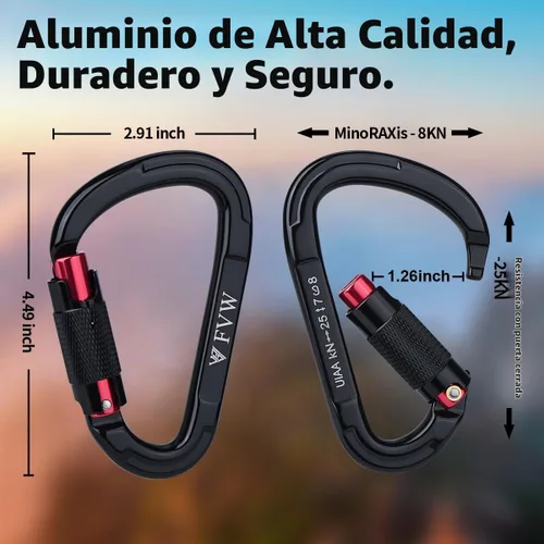 Vista 2 de FVW Mosquetones de bloqueo automático para escalada en roca, mosquetones profesionales de 25KN (5620 lbs) resistentes para rapel, columpio, rescate