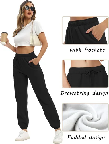 Vista 4 de Baccarri Pantalones deportivos casuales de forro polar para mujer, cintura alta, con parte inferior de cincha, pantalones deportivos holgados