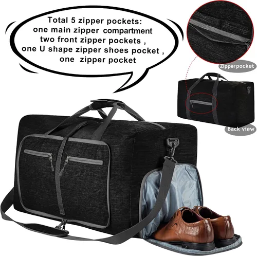 Vista 4 de Vomgomfom Bolsa de lona de viaje para hombres, 65L plegable bolsa de viaje con compartimento para zapatos, bolsa de noche para hombres y mujeres