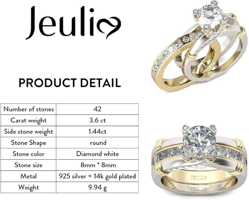 Vista 2 de JEULIA Juego de anillos de plata de ley con circonitas cúbicas para mujer, diseño intercambiable, para matrimonios, compromisos, aniversarios