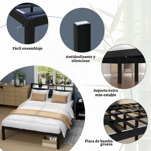 Vista 5 de Marco de cama de bambú tamaño Queen con cabecero, plataforma de cama sólida y estable con listones antideslizantes de soporte, cama alta, no Negro
