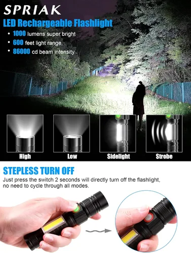 Vista 4 de Linternas LED recargables, linterna magnética súper brillante linterna táctica con luz lateral, recargable por USB, zoom, impermeable, mejor