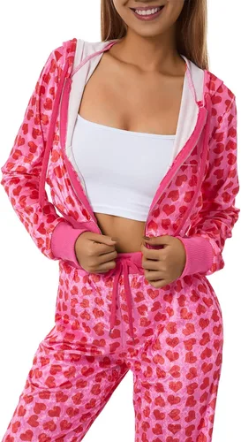 Vista 6 de Yiiciovy Conjunto deportivo de terciopelo rosa de 2 piezas para mujer, estampado de corazón, cremallera, sudadera con capucha Y2K, sudadera