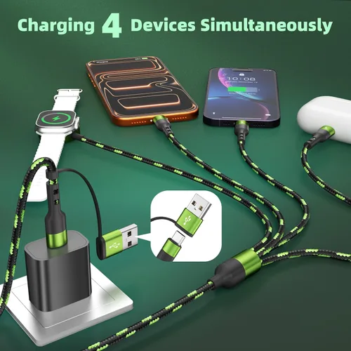 Vista 4 de Cable de carga múltiple 4 en 2 con cargador iWatch, 1 paquete de 5 Negro _ verde