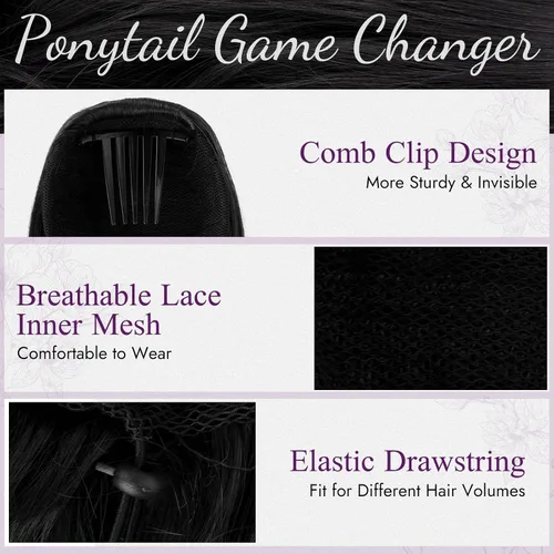 Vista 3 de BARSDAR Flequillo de cabello humano negro + extensión de cola de caballo con cordón ondulado