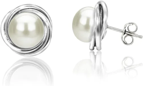 Vista 3 de Colgante y pendientes de perlas cultivadas de agua dulce blancas de plata de ley de 0.315-0.335 in, diseño de bisel con nudo de amor