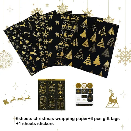 Vista 6 de MAMUNU - Papel de regalo de Navidad, 6 hojas de papel de regalo de lámina metálica negro y dorado, papel de regalo con diseño de copo de nieve