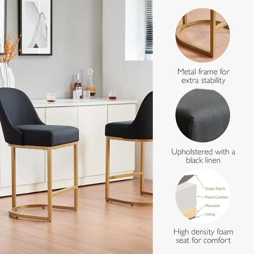 Vista 43 de Leick Home 214536 Barrelback Silla de comedor con base de metal, juego de 2, para comedor, asiento moderno de lino negro y base de metal dorado
