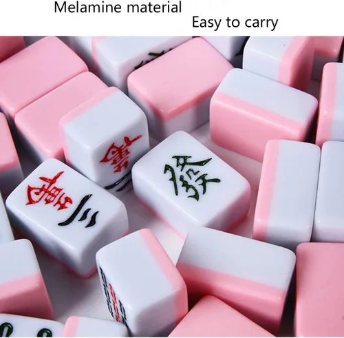 Vista 7 de Juego de mahjong de viaje pequeño, 144 azulejos de mahjong chino con bolsa de almacenamiento, mantel y 2 dados, regalo de entretenimiento