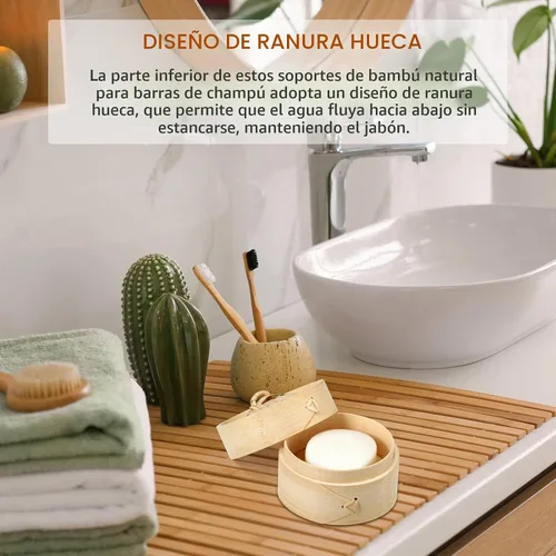 Vista 4 de Chengu Soporte de barra de jabón de bambú natural con tapa, para drenaje, red de espuma, contenedor de champú, bandeja de madera, funda de bambú