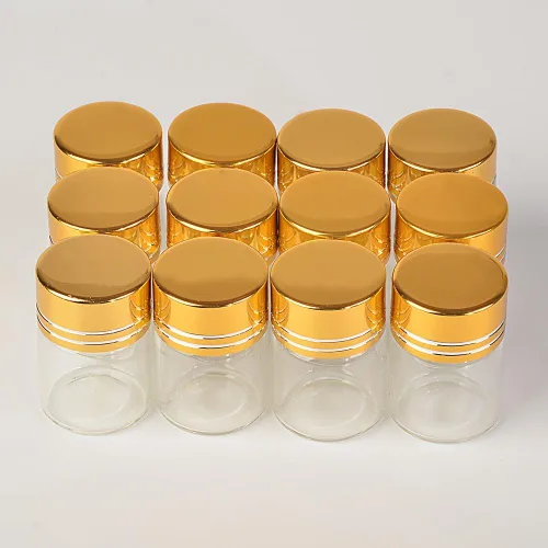 Vista 9 de 24 botellas de vidrio de 0.2 fl oz Tapa de aluminio Tapa dorada Vacío Transparente Transparente Contenedor de regalo Líquido Deseo Botellas Frascos