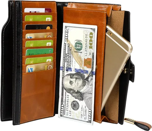 Vista 9 de Cartera plegable de cuero de gran capacidad con bloqueo RFID para mujer