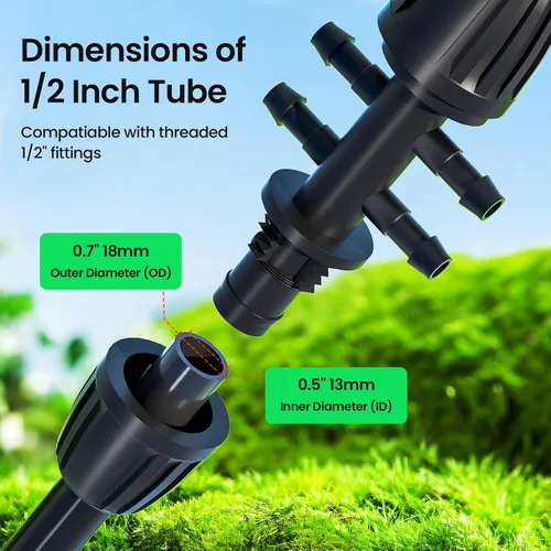 Vista 2 de Bonviee Tubo de riego de 1/2 pulgada con 4 paquetes de conectores de 6 vías, tubo de riego por goteo de 50 pies ideal para sistema de riego