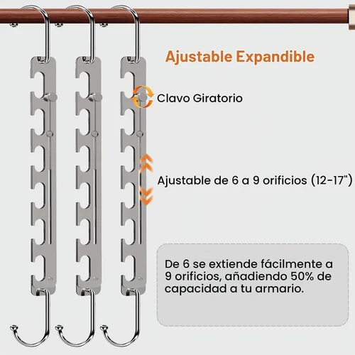 Vista 2 de Sindax Perchas telescópicas que ahorran espacio, 6 agujeros, se ajustan a 9 agujeros, perchas de metal resistentes mejoradas, ahorro de espacio