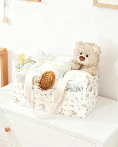 Vista 6 de BuyCard Organizador floral de pañales para bebé, cesta de almacenamiento acolchada grande con asa, regalo para baby shower, regalo para padres