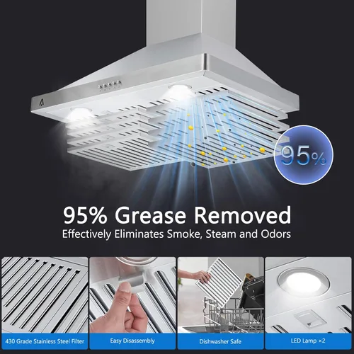 Vista 6 de Campana extractora de 30 pulgadas, montaje en pared con 400 CFM, campana extractora de acero inoxidable con control táctil, ventilador de escape