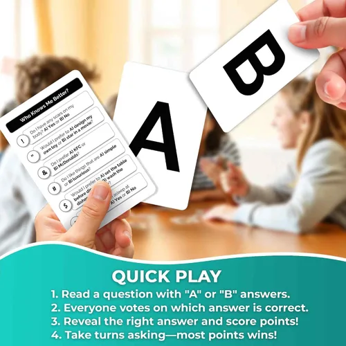 Vista 3 de QUOKKA ¿Quién sabe mejor? - Original - Juego de trivia de cartas para la familia Preguntas divertidas y educativas para familias Apto para niños