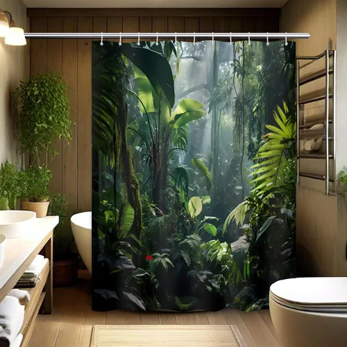 Vista 9 de Cortina de ducha verde de selva naturaleza bosque selva tropical paisaje planta tropical decoración de baño, tela impermeable con ganchos, 36x72