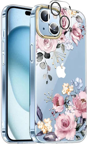 Vista 10 de luolnh Funda compatible con iPhone 15, para mujeres y niñas, a prueba de golpes, transparente, patrón floral, carcasa trasera dura para iPhone 15