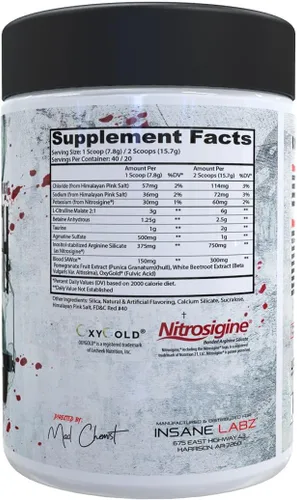 Vista 3 de Insane Labz Saw® Bloodbath, Non-Stim Pump - Polvo de preentrenamiento con Nitrosigine®, OxyGold™, sulfato de agmatina, L-citrulina y betainne