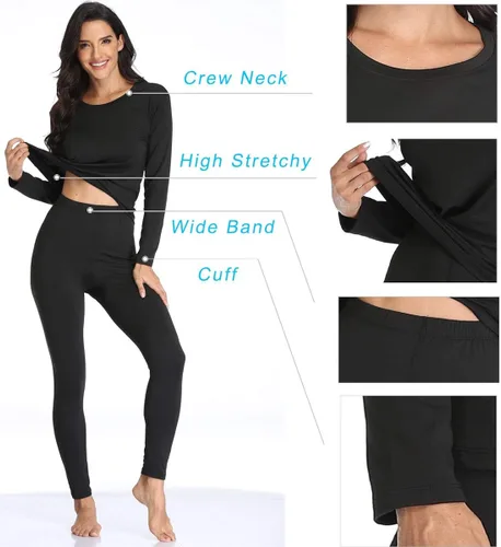 Vista 3 de Conjunto de ropa interior térmica para mujer con forro polar ligero ultra suave, juego largo de John que absorbe la humedad, Negro