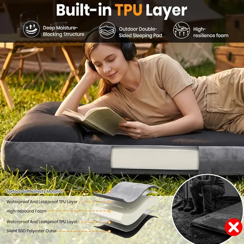 Vista 4 de Colchoneta de dormir autoinflable con bomba eléctrica, colchoneta de espuma ultra gruesa de 4 pulgadas para acampar con almohada integrada, 9.5