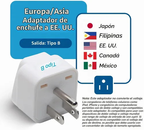 Vista 6 de Ceptics Adaptador de enchufe de Europa a EE. UU., adaptador de enchufe tipo B de EE. UU. compatible con enchufes de Europa, India y otros países. El
