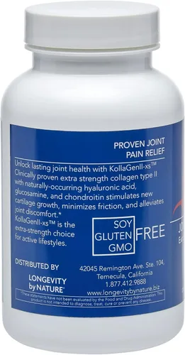 Vista 5 de Longevity by Nature Extra Strength KollaGen II-XS- Colágeno tipo II con ácido hialurónico, condroitina y glucosamina – Soporte para articulaciones