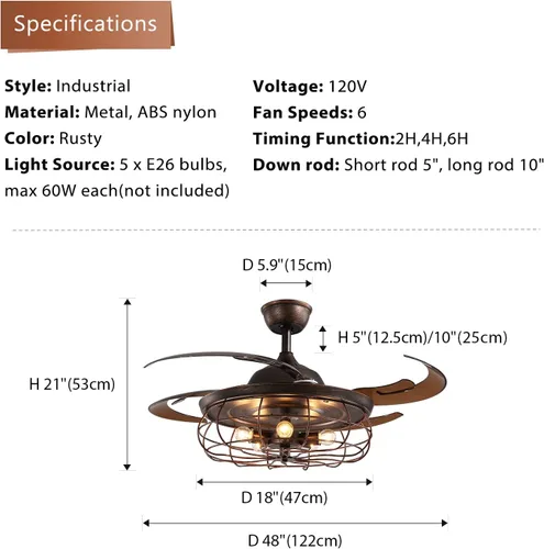 Vista 11 de Ventilador de techo retráctil de 48 pulgadas con luces, lámpara industrial oxidada inversa con control remoto para sala de estar, comedor