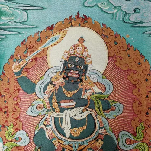 Vista 5 de Tapiz de budismo tibetano Thangka con bordado de seda, color negro, Wenshu Manjushri Tangka Fengshui, mural, pintura mural para colgar en la pared