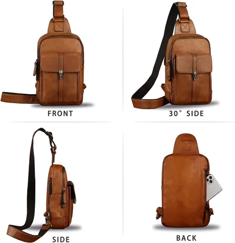Vista 4 de Bolso bandolera de cuero genuino Mochila casual de senderismo Mochila vintage hecha a mano Crossbody Bag Retro Chest Daypack (marrón)
