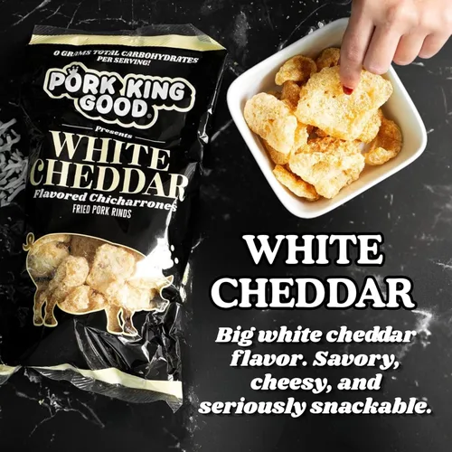 Vista 3 de Pork King Good Chicharrones de Cerdo con Queso Cheddar Blanco 7 OZ TAMAÑO FAMILIAR (Chicharrones - Snacks)