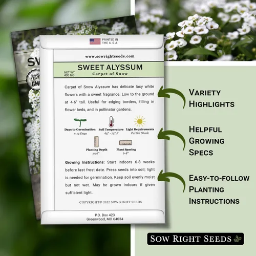 Vista 2 de Sow Right Seeds - Alfombra blanca de semillas de flores de nieve Sweet Alyssum para plantar - Paquete de reliquia sin OMG con instrucciones