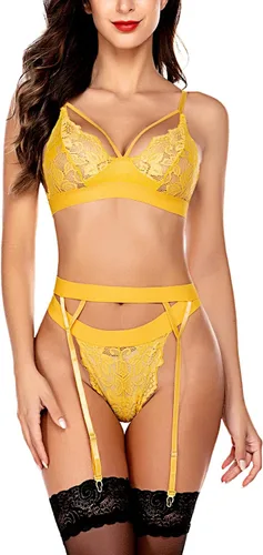 Vista 3 de Avidlove Lencería sexy de encaje para mujer, conjunto de lencería con liguero Teddy Babydoll Body sujetador y panty, S, Amarillo