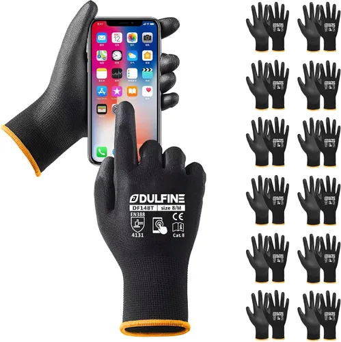 Vista 28 de DULFINE Guantes de trabajo ultrafinos con revestimiento de PU - 12 pares, excelente agarre, carcasa de nylon guantes de trabajo de seguridad