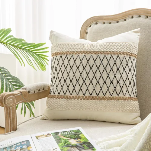 Vista 7 de 1 funda de almohada para sala de estar, algodón y arpillera, estilo bohemio decorativo para el hogar (beige y azul, 16 x 16 pulgadas)