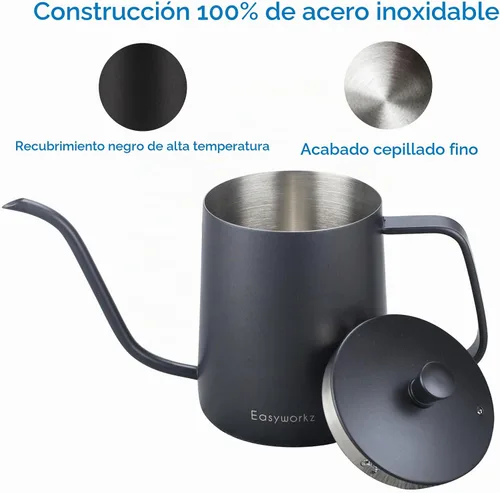 Vista 2 de Easyworkz Gage - Hervidor de café de cuello de cisne de 20 onzas con termómetro de acero inoxidable con boquilla larga y estrecha Negro