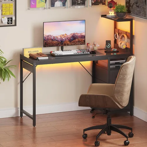 Vista 2 de YOUDENOVA Escritorio para computadora de juegos de 40 pulgadas con luces LED, escritorio pequeño con estantes y cajones de almacenamiento, mesa
