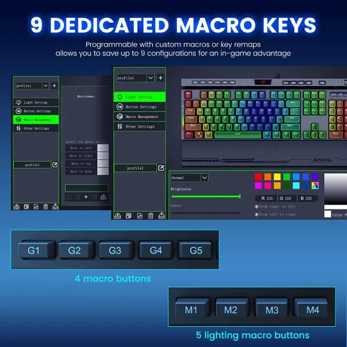 Vista 4 de RisoPhy PRO RGB - Teclado mecánico para juegos, iluminación RGB por tecla, teclas macro y controles dedicados de medios, reposamuñecas desmontable