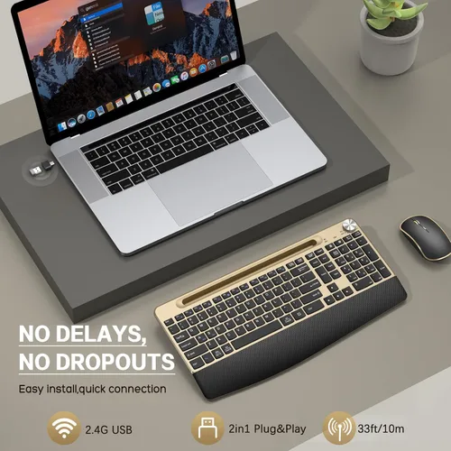 Vista 2 de JOYACCESS Combo de teclado y ratón inalámbricos, teclado inalámbrico de tamaño completo de 2.4 GHz con cómodo reposamuñecas, rueda de volumen