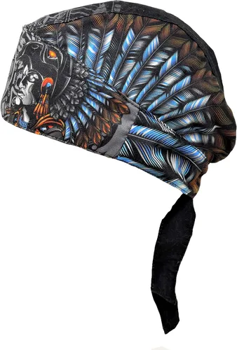 Vista 3 de Platinum Biker Doo Rag Durag Diadema Negro Azteca Maya Inca México Mexicano Indio Jefe Plumas Tocado Diadema, Multi