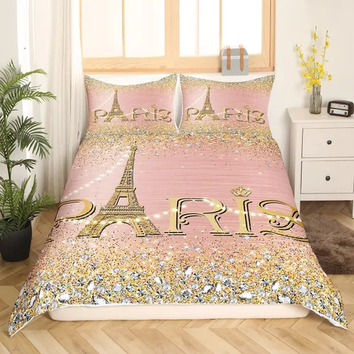 Vista 10 de Erosebridal Funda de edredón de la Torre Eiffel para niñas, juego de ropa de cama romántica de París azul, negro y blanco, funda de edredón