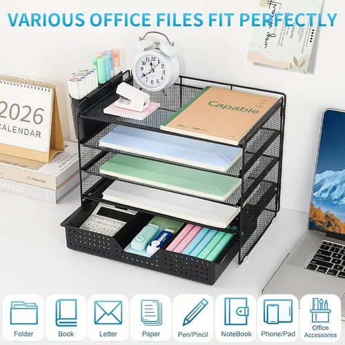 Vista 4 de LEKETREE Organizador de escritorio y accesorios, organizador de bandejas de papel de 5 niveles con cajón y 2 soportes para bolígrafos